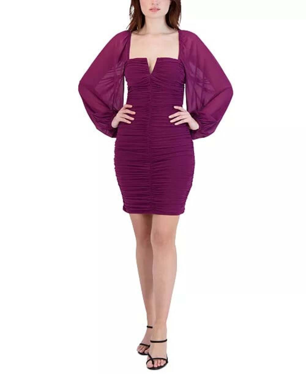 New BCBGeneration Womens Ruched Bodycon Dress Long Sheer Sleeves Size 4 Burgundy